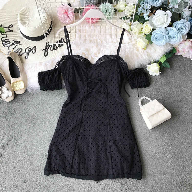 Off shoulder lace cut-out lace strap slim off shoulder dress  3725