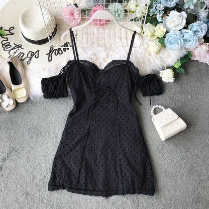 Off shoulder lace cut-out lace strap slim off shoulder dress  3725