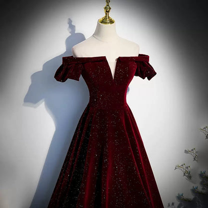 Off The Shoulder Velvet Red Prom Dresses Sexy Evening Dress SH104