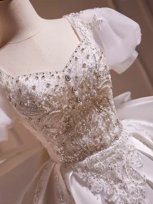 White beaded puffy short homecoming dress wedding dress party dress birthday party dress light wedding dress princess gh4606