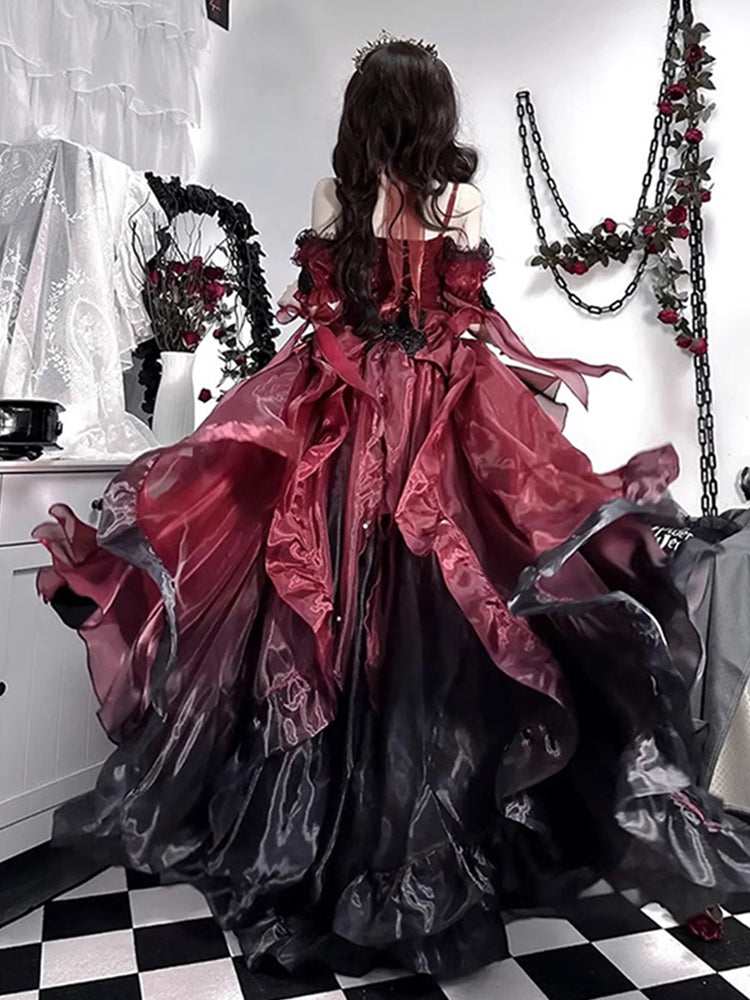 Princess Ball Gown Off The Shoulder Short Sleeves Dark Green High Low Floral 16th Chiffon Birthday Dress Lolita Dress 18th Birthday Outfits W1199