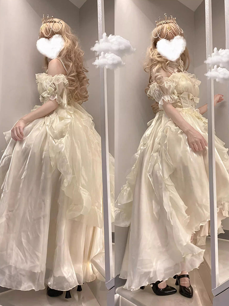Beautiful High Low Off The Shoulder Short Sleeves Ivory Floral 16th Chiffon Birthday Dress Lolita Dress 18th Birthday Outfits W1221