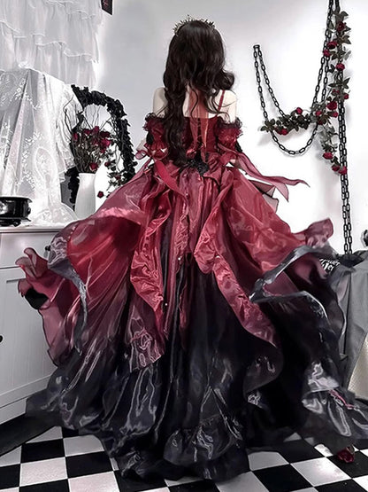 Princess Ball Gown Off The Shoulder Short Sleeves Ombre Burgundy Floral 16th Chiffon Birthday Dress Lolita Dress 18th Birthday Outfits W1198
