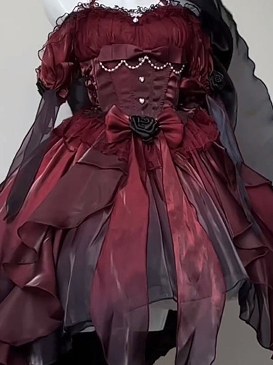 Beautiful High Low Off The Shoulder Short Sleeves Burgundy Rose Floral 16th Chiffon Birthday Dress Lolita Dress 18th Birthday Outfits W1224