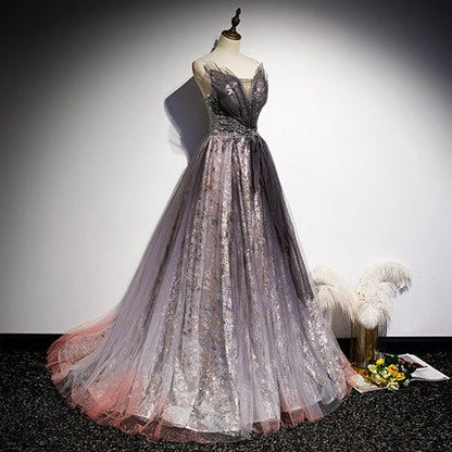 A line Short Sleeves Long Tulle Prom Dresses SH160