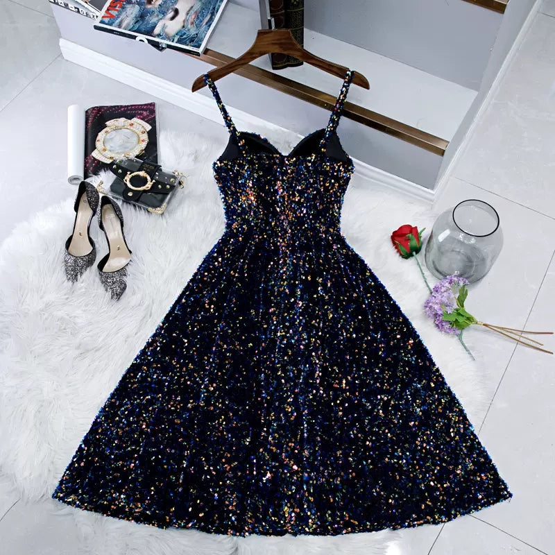 Navy Blue Sequin Hoco Dress Short Homecoming Dresses SH138