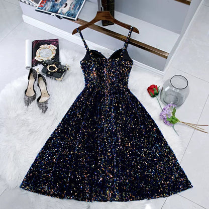 Navy Blue Sequin Hoco Dress Short Homecoming Dresses SH138