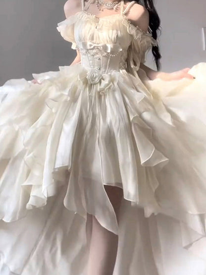 Vintage High Low Off The Shoulder Short Sleeves 16th Chiffon Birthday Dress Lolita Dress Birthday Outfits W1130