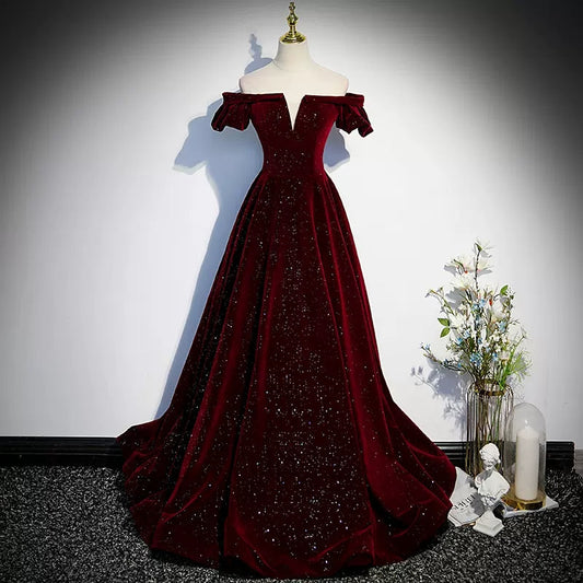 Off The Shoulder Velvet Red Prom Dresses Sexy Evening Dress SH104