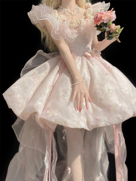 Vestido de fiesta vintage con hombros descubiertos, corto, rosa, para verano, para 18.º cumpleaños, estilo lolita, minivestido para 18.º cumpleaños, traje corto lolita DH2439