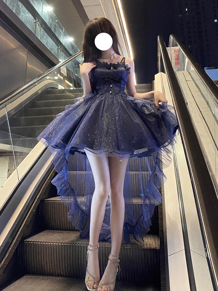 Vestido de fiesta vintage con tirantes finos de tul azul marino para 22 cumpleaños, vestido lolita, atuendos lolita DH2445