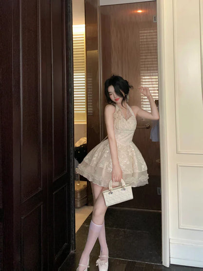 Vintage Ivory Lace A-Line Homecoming Dress Sequin Party Dress Short Halter-neck Cocktail Dress TP4630