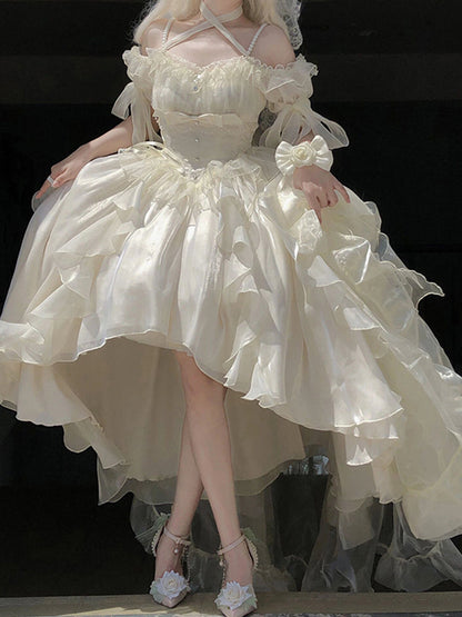 Princess Ball Gown Off The Shoulder Short Sleeves Ivory Floral 16th Chiffon Birthday Dress Lolita Dress 18th Birthday Outfits W1137