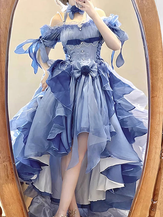 Vintage High Low Off The Shoulder Short Sleeves 16th Blue Birthday Dress Lolita Dress Birthday Outfits DP0224
