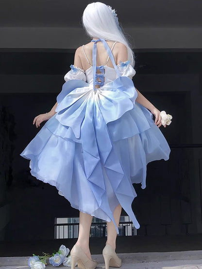 Vintage Ball Gown Off The Shoulder Ombre Blue Chiffon 22th Birthday Dress Lolita Dress Cute Lolita Outfits DH2442