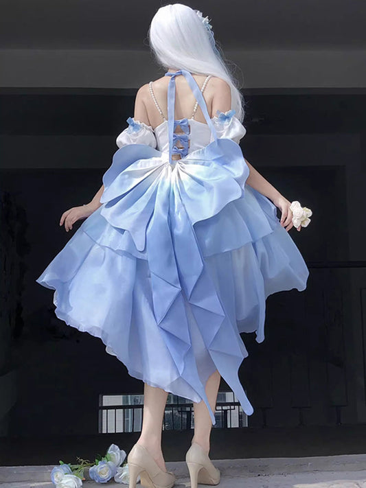 Vestido de fiesta vintage de gasa azul degradado con hombros descubiertos para 22 cumpleaños, vestido lolita, bonitos atuendos lolita DH2442