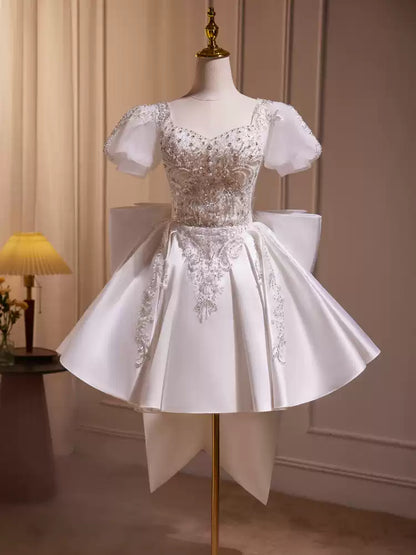 White beaded puffy short homecoming dress wedding dress party dress birthday party dress light wedding dress princess gh4606