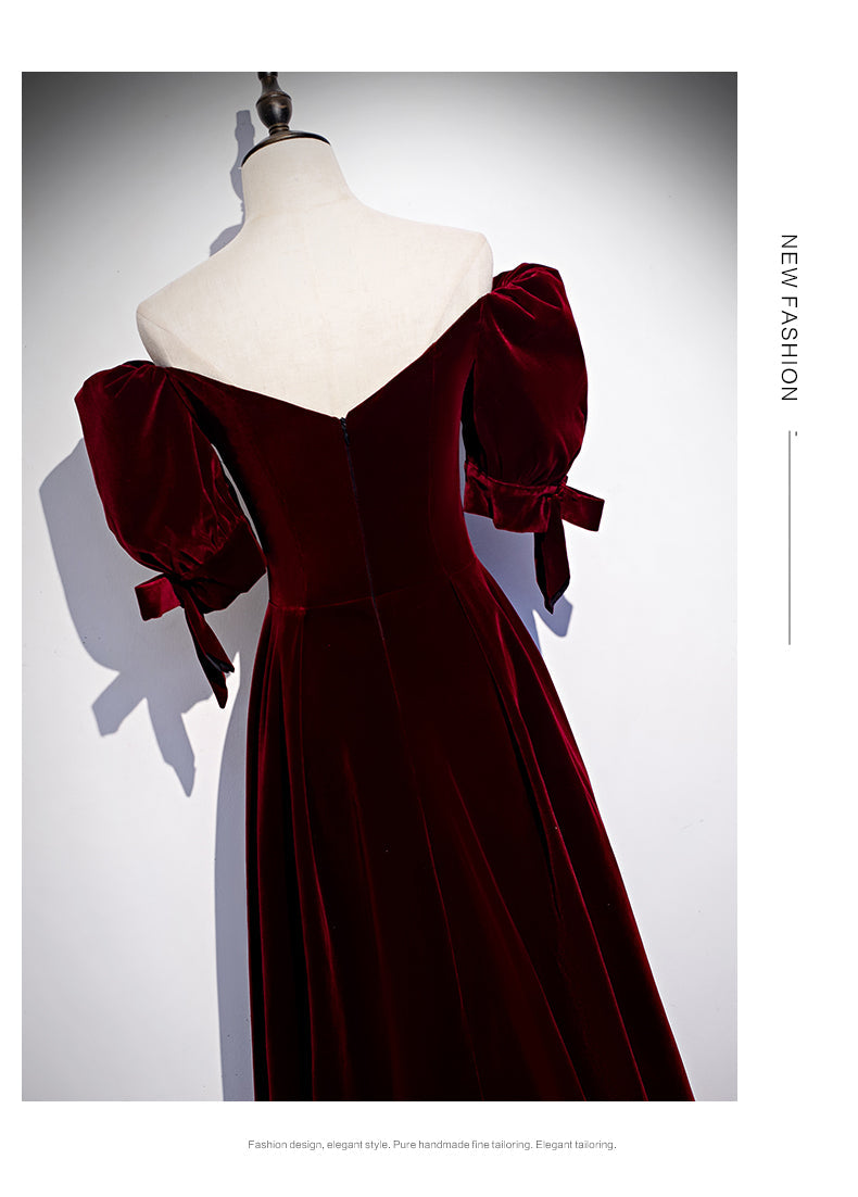 Princess Velvet Short Sleeves Long Red Prom Dresses SH041