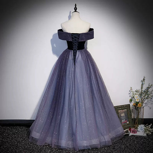Princess Off The Shoulder Grape Tulle Prom Dresses Sexy Evening Dress SH096