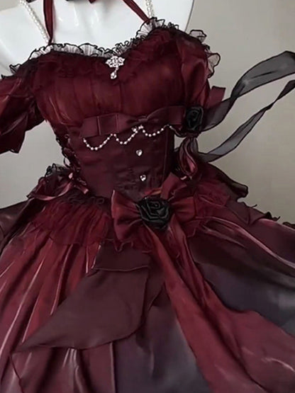 Beautiful High Low Off The Shoulder Short Sleeves Burgundy Rose Floral 16th Chiffon Birthday Dress Lolita Dress 18th Birthday Outfits W1224