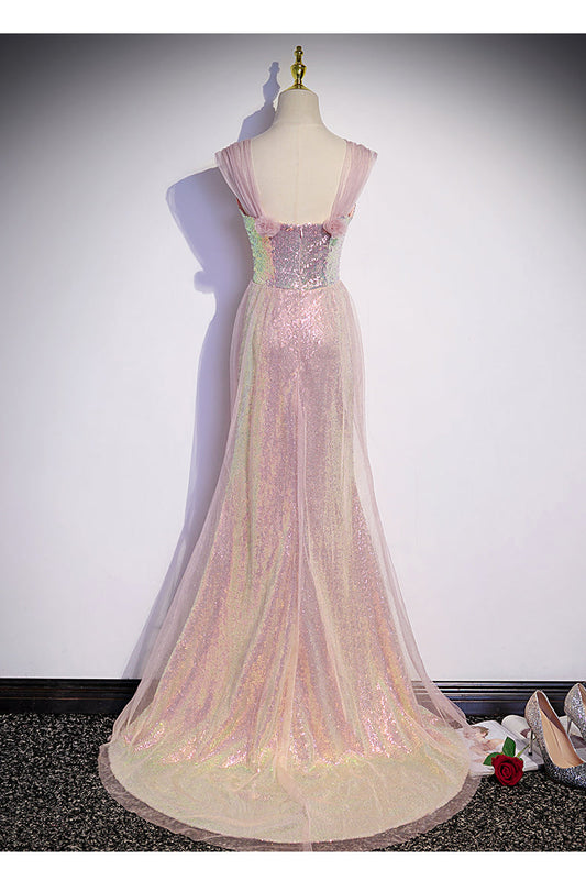 Simple Mermaid Long Sequin Pink Prom Dresses SH037