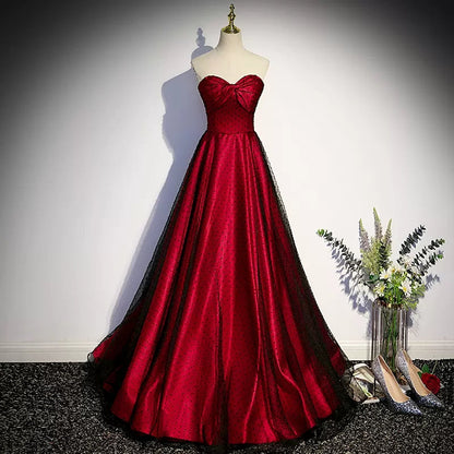 A line Short Puffy Sleeves Tulle Red Prom Dresses SH115