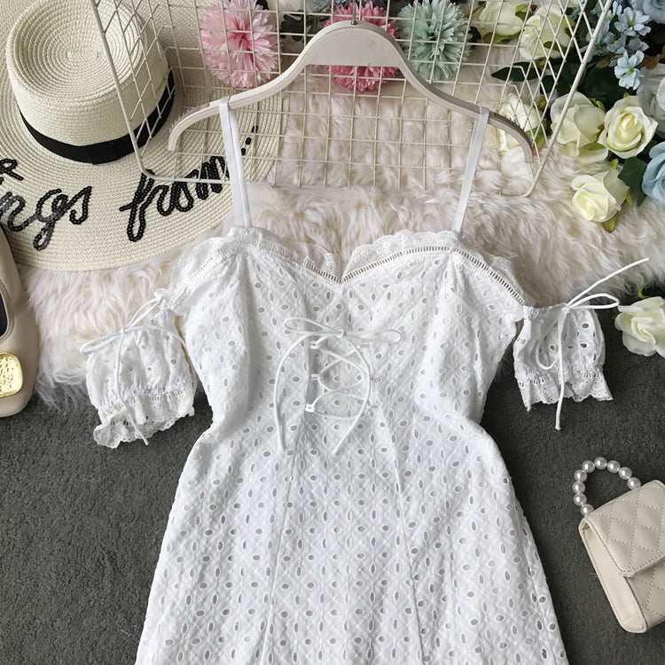 Off shoulder lace cut-out lace strap slim off shoulder dress  3725