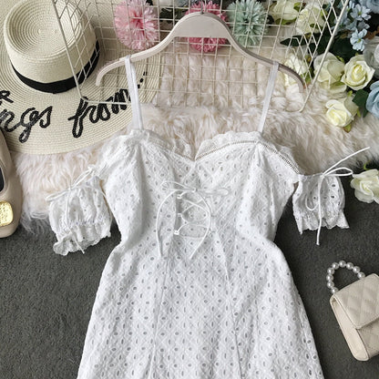 Off shoulder lace cut-out lace strap slim off shoulder dress  3725