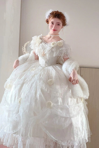 Retro Ball Gown Off The Shoulder Short Sleeves White Rose Floral 16th Chiffon Birthday Dress Lolita Dress 18th Birthday Outfits W1245