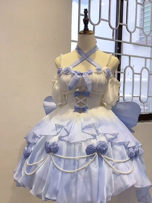 Vestido de fiesta vintage de gasa azul degradado con hombros descubiertos para 22 cumpleaños, vestido lolita, bonitos atuendos lolita DH2448