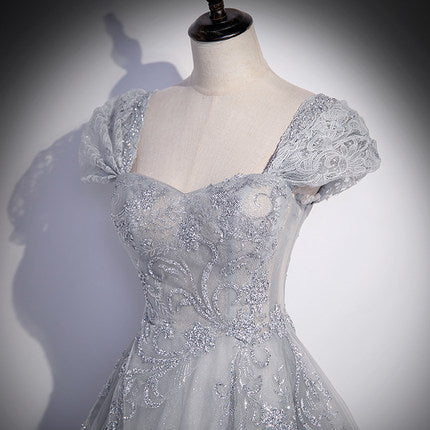 A Line Silver Gray Tulle Prom Dresses Long Prom Dress SH066