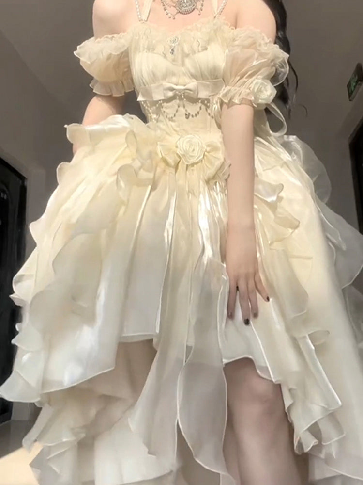 Vintage High Low Off The Shoulder Short Sleeves 16th Chiffon Birthday Dress Lolita Dress Birthday Outfits W1130