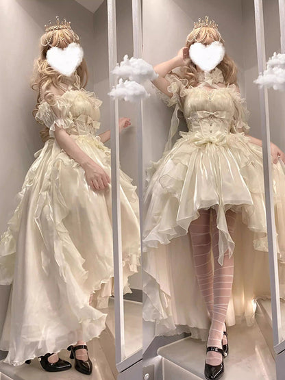 Beautiful High Low Off The Shoulder Short Sleeves Ivory Floral 16th Chiffon Birthday Dress Lolita Dress 18th Birthday Outfits W1221