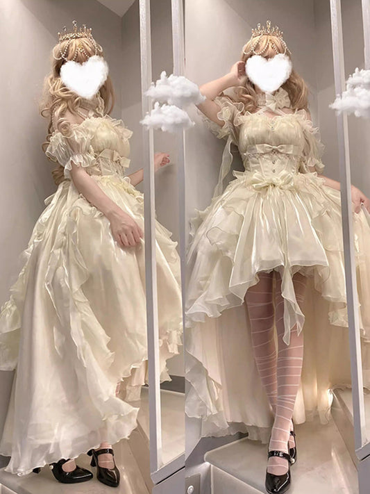 Beautiful High Low Off The Shoulder Short Sleeves Ivory Floral 16th Chiffon Birthday Dress Lolita Dress 18th Birthday Outfits W1221
