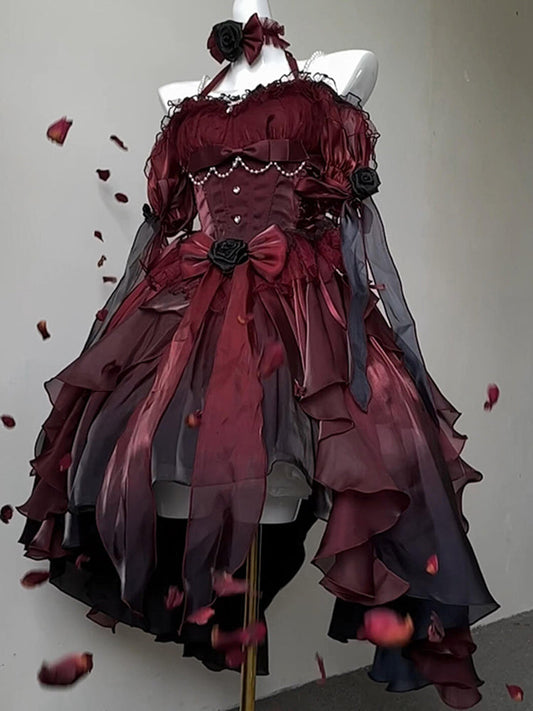 Beautiful High Low Off The Shoulder Short Sleeves Burgundy Rose Floral 16th Chiffon Birthday Dress Lolita Dress 18th Birthday Outfits W1224