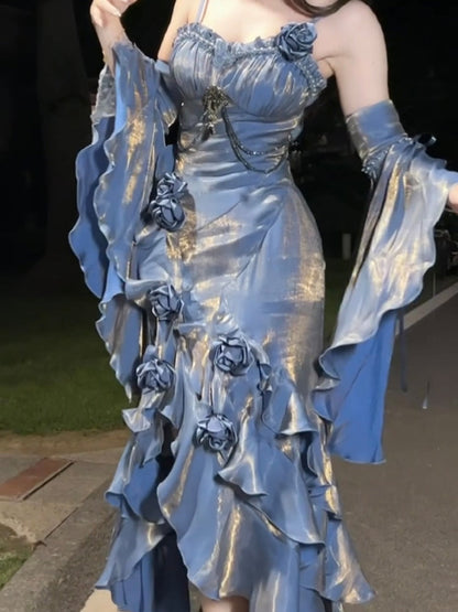 Vestido largo de verano estilo sirena con tirantes finos, estilo lolita, para 18 cumpleaños, estilo vintage, color azul, W1225