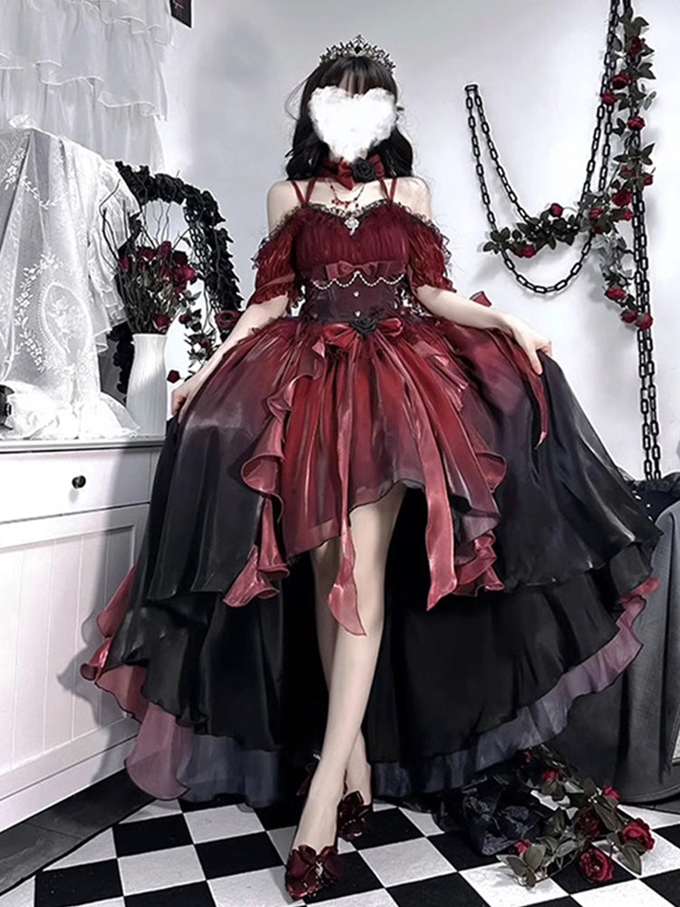 Princess Ball Gown Off The Shoulder Short Sleeves Dark Green High Low Floral 16th Chiffon Birthday Dress Lolita Dress 18th Birthday Outfits W1199