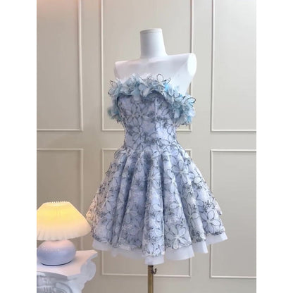 Vestidos de fiesta sencillos de corte A, sin tirantes, de encaje azul, cortos, formales, para el regreso a casa, elegantes, cortos, de noche, para cóctel, para cumpleaños número 18, Hoco Dresses DH2752