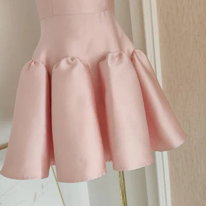 Retro Pink 3D Flowers Design A-line Strapless Satin Mini Party Dress Homecoming Dress TP4045