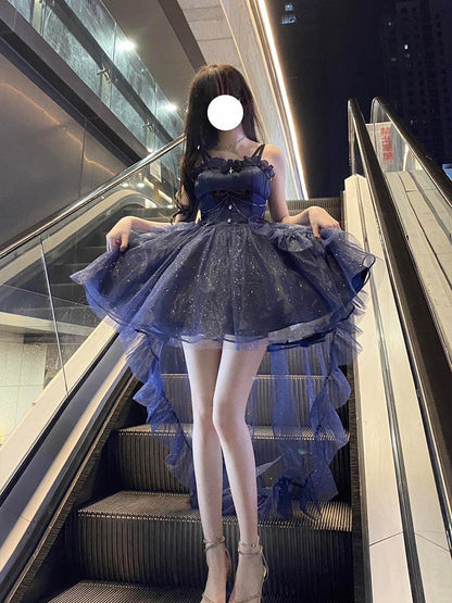 Vestido de fiesta vintage con tirantes finos de tul azul marino para 22 cumpleaños, vestido lolita, atuendos lolita DH2445