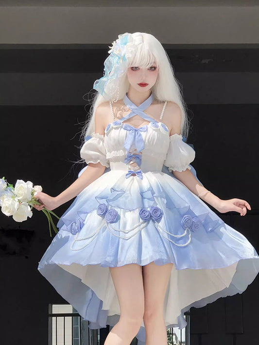 Vestido de fiesta vintage de gasa azul degradado con hombros descubiertos para 22 cumpleaños, vestido lolita, bonitos atuendos lolita DH2442