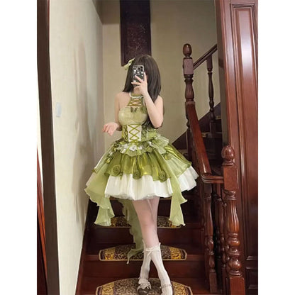 Vestido de fiesta vintage de cuello alto verde para 22 cumpleaños, vestido lolita corto, atuendos lolita DH2444