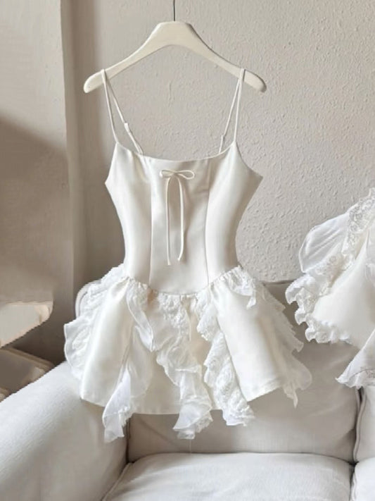 Simple A line Spaghetti Straps White Short Satin Formal Homecoming Dresses Party Graduation Dress Hoco Dresses DH2754