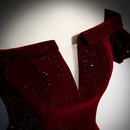 Off The Shoulder Velvet Red Prom Dresses Sexy Evening Dress SH104