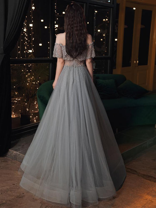 Beautiful Beaded Off Shoulder Tulle Prom Dress, A-line Grey Evening Dress Party Dress KS3820