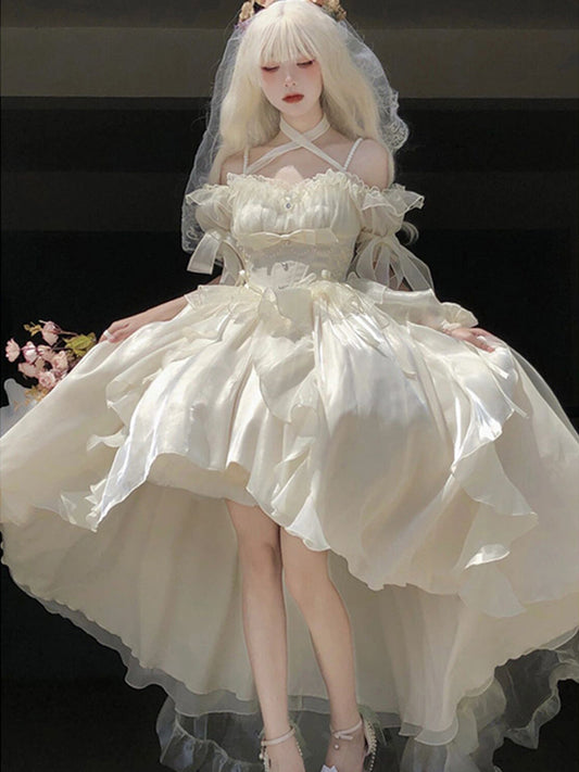 Princess Ball Gown Off The Shoulder Short Sleeves Ivory Floral 16th Chiffon Birthday Dress Lolita Dress 18th Birthday Outfits W1137