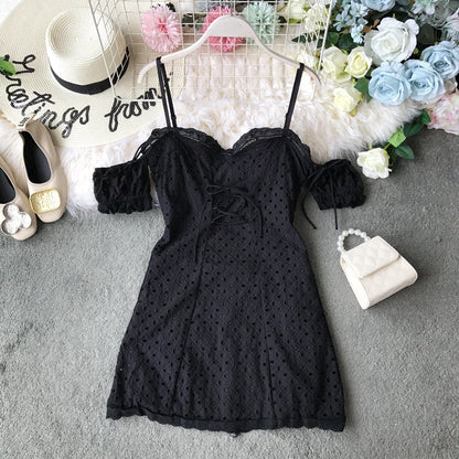Off shoulder lace cut-out lace strap slim off shoulder dress  3725