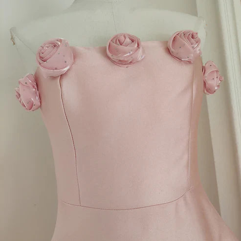 Retro Pink 3D Flowers Design A-line Strapless Satin Mini Party Dress Homecoming Dress TP4045