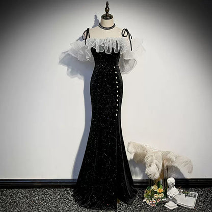 Off the Shoulder Mermaid Black Prom Dresses Sexy Evening Dress SH092