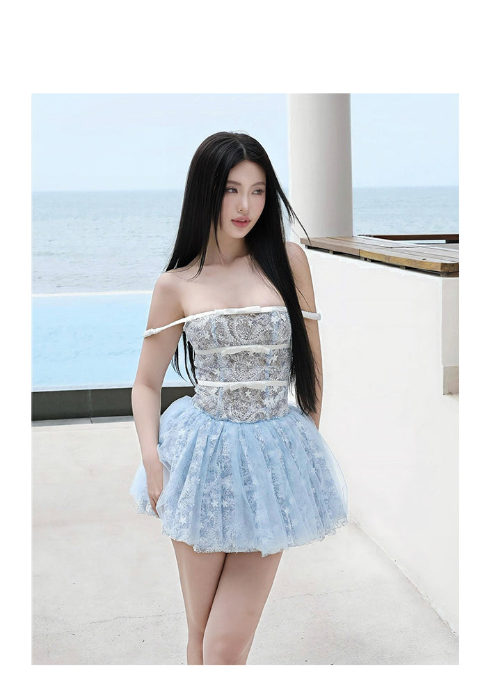 Vestidos de fiesta cortos de encaje azul, elegantes y cortos, de corte A, sin tirantes, para el regreso a casa, de noche, para cóctel, para 16 cumpleaños, DH2753